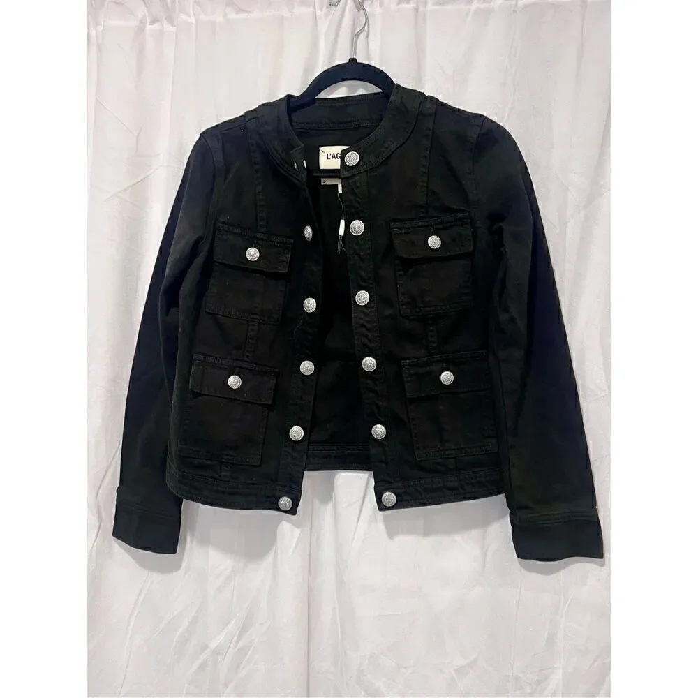 L'AGENCE Women's Black Long Sleeve Yari Collarless Jean Jacket Small NWOT
